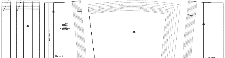 Sewing pattern tissue pieces for pants or bottoms with grainlines, hip level markings, and size notations