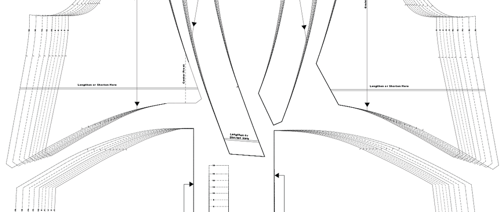 Sewing pattern pieces showing dress bodice front, back, collar, and skirt panel layouts