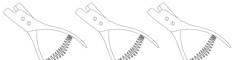Technical illustration showing three views of pattern notcher tool in use