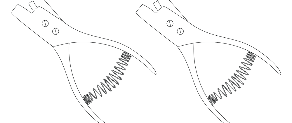 Technical illustration showing two views of pattern notcher tool in use