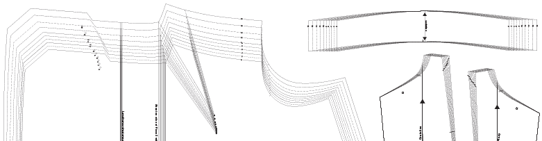 Sewing pattern pieces with grainline markings showing bodice front, collar variations, and sleeve cuffs