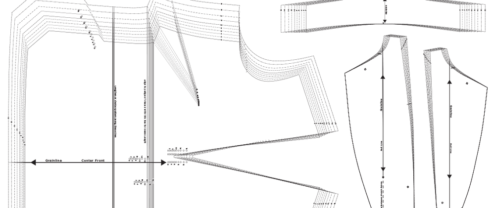 Sewing pattern pieces with grainline markings showing bodice front, collar variations, and sleeve cuffs