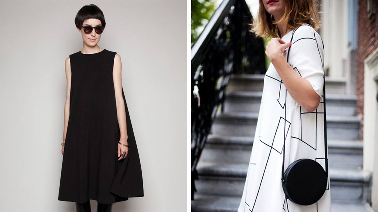 Woman in black sleeveless A-line dress and woman in white geometric print dress showing Farrow Dress silhouette and styling options.