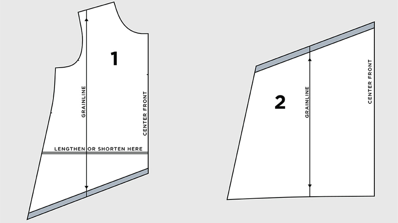 Diagram showing Farrow Dress pattern pieces after pocket removal with new seam allowances, marked in blue, added to diagonal waist seams