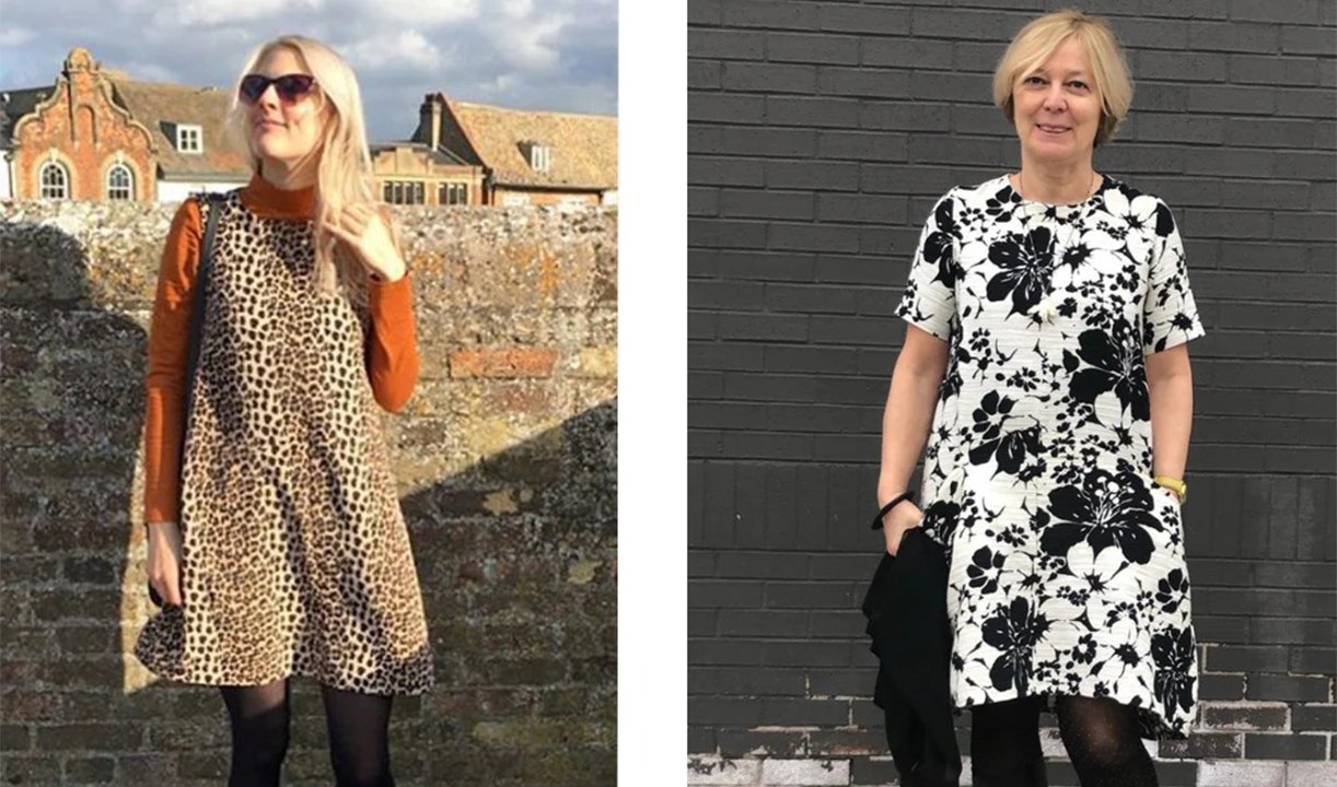 Two Farrow Dresses in different prints: leopard print with layered turtleneck and bold black and white floral pattern showing fabric versatility.