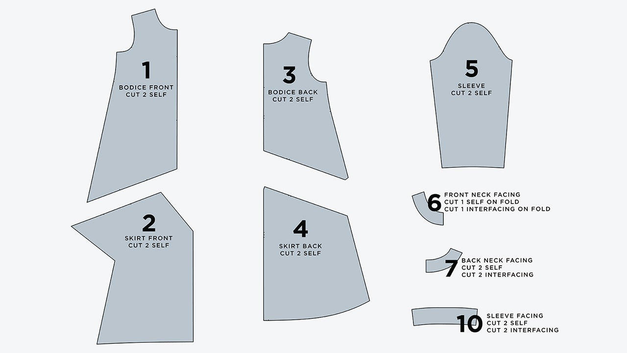 Farrow Dress pattern pieces layout showing bodice front, skirt front, bodice back, skirt back, sleeve, and facing pieces with cutting instructions.
