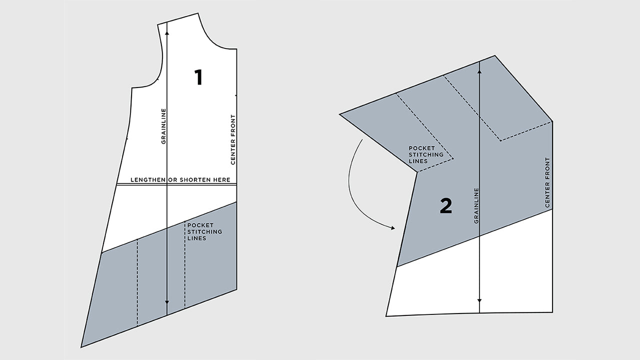 Farrow Dress pattern pieces showing lengthen/shorten lines and pocket stitching placement for making pattern adjustments without affecting pockets.