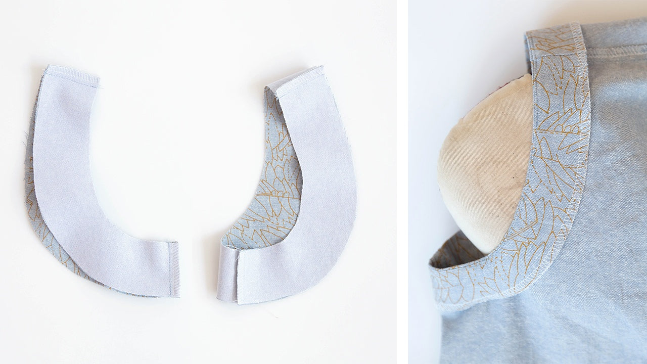 Circular armhole facings shown flat and attached to sleeveless Farrow Dress armhole with understitching for View A finishing.