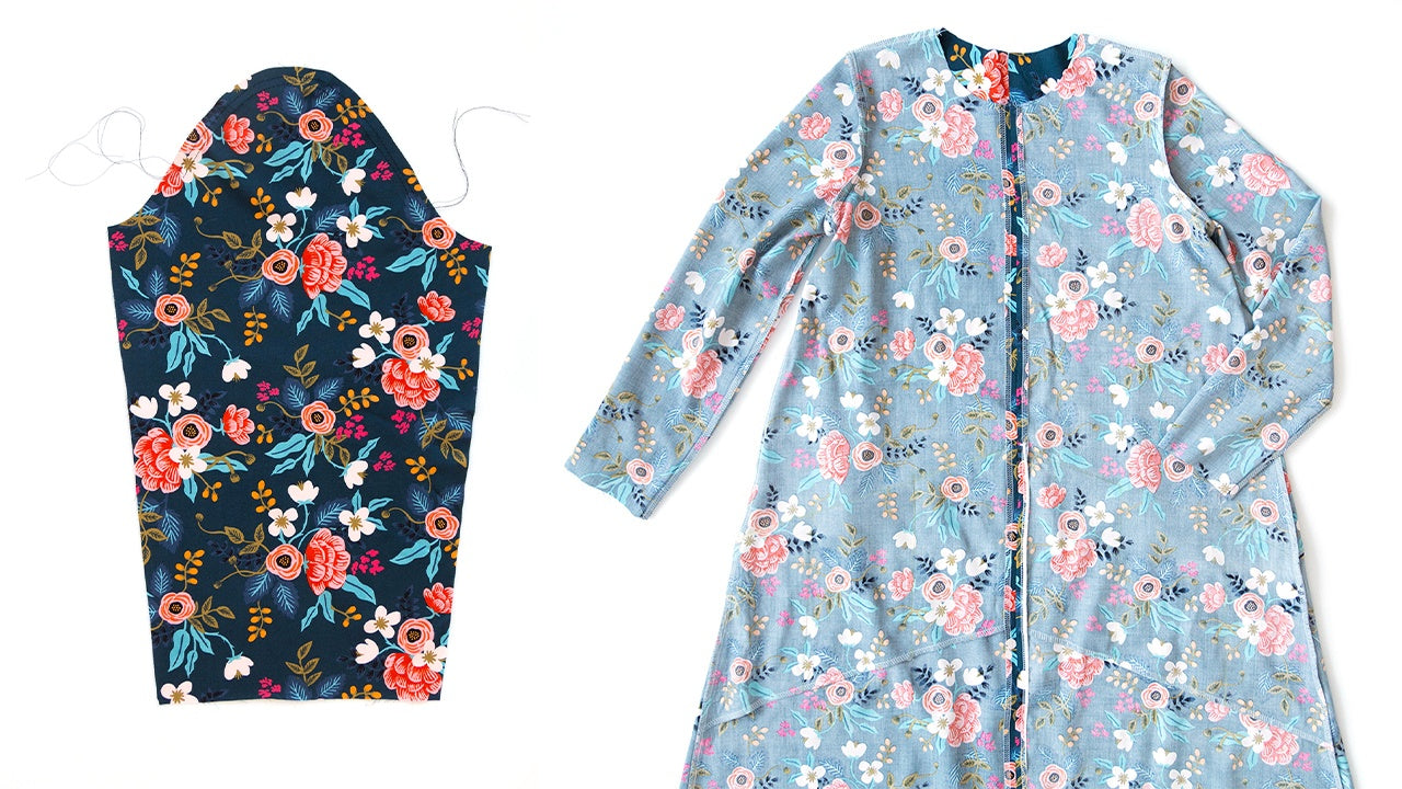 Farrow Dress sleeve with gathering threads for easing into armhole and completed View B with bracelet-length sleeves in blue floral rayon fabric.