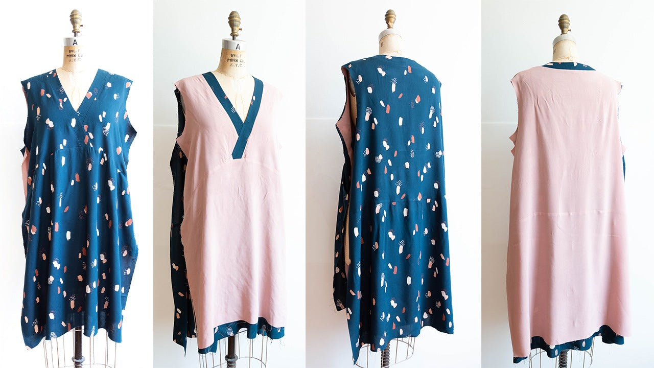 Felix Dress on dress form showing front and back views with skirts attached to bodice in teal print and pink lining