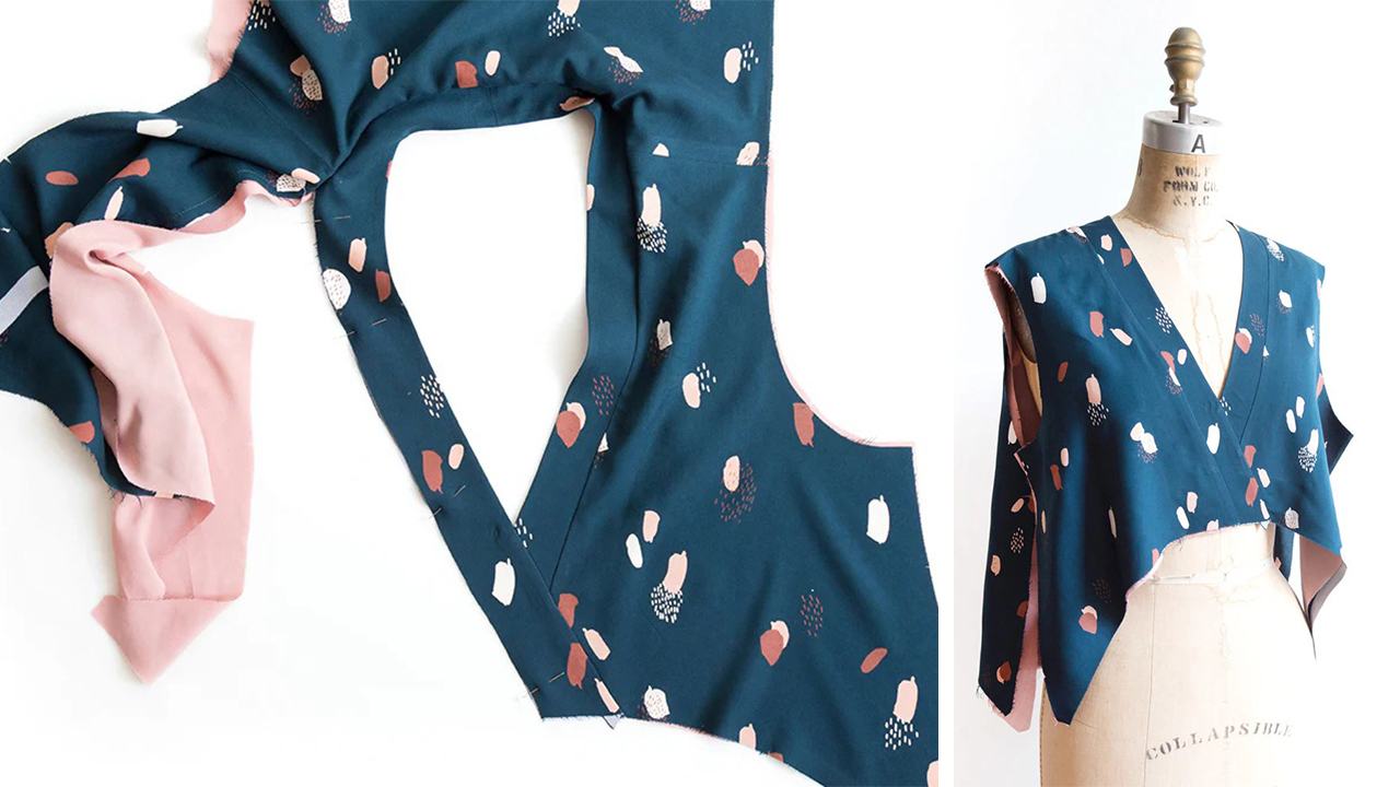 Felix Dress bodice with neckband attached showing faux wrap construction in teal abstract print with pink lining visible