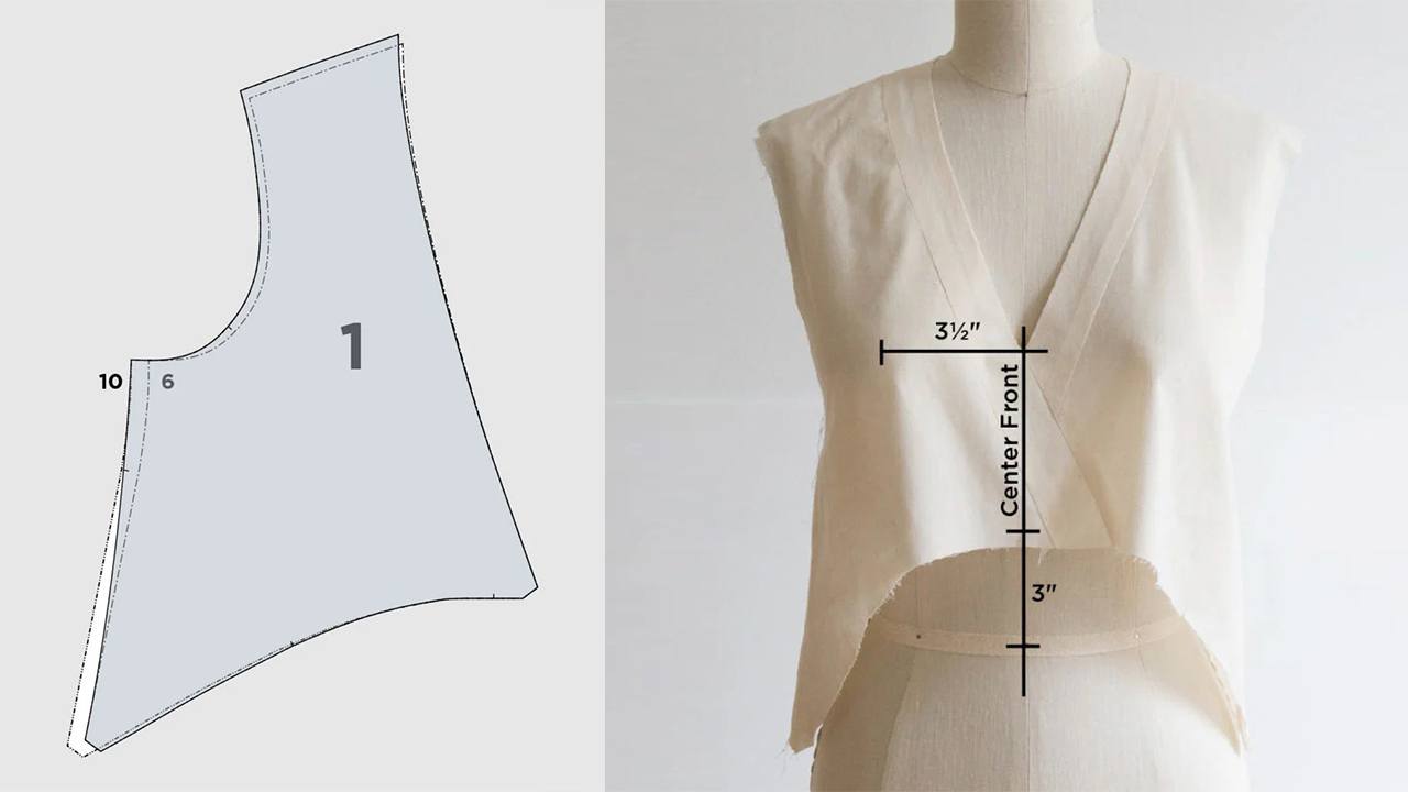 Felix Dress pattern piece showing blend lines between sizes, and muslin bodice on dress form with measurement markings