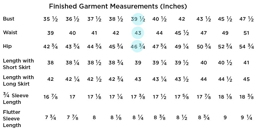 Felix Dress finished garment measurements chart showing bust, waist, hip, and length measurements across all size ranges