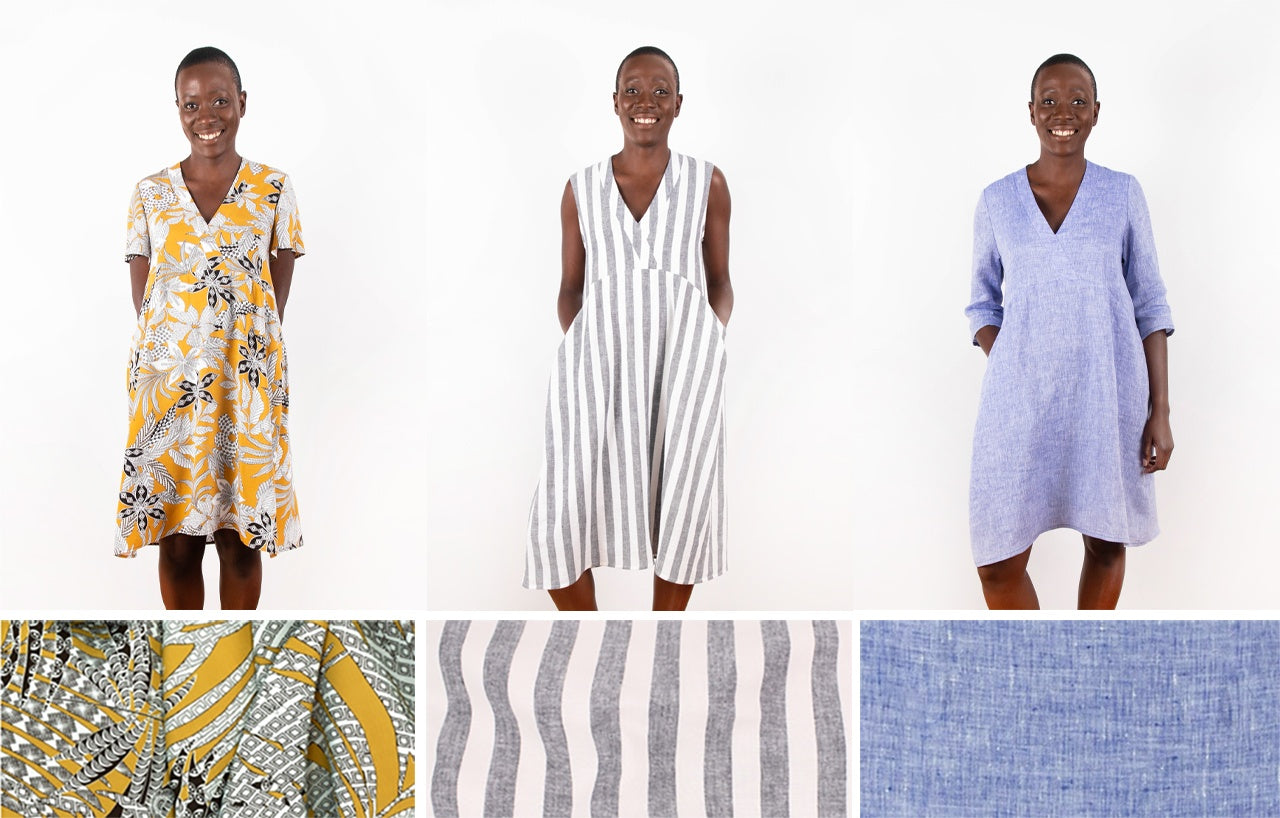 Three Felix Dress samples in yellow floral print, gray stripes, and blue linen with close-up fabric swatches shown below