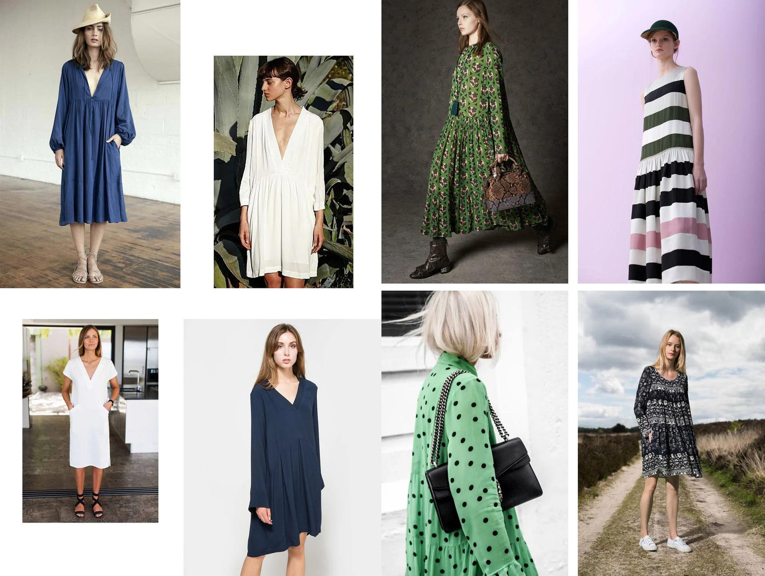 Collage of wrap dresses in classic colors and bold prints including florals, dots, and stripes with V-necklines and gathered waists