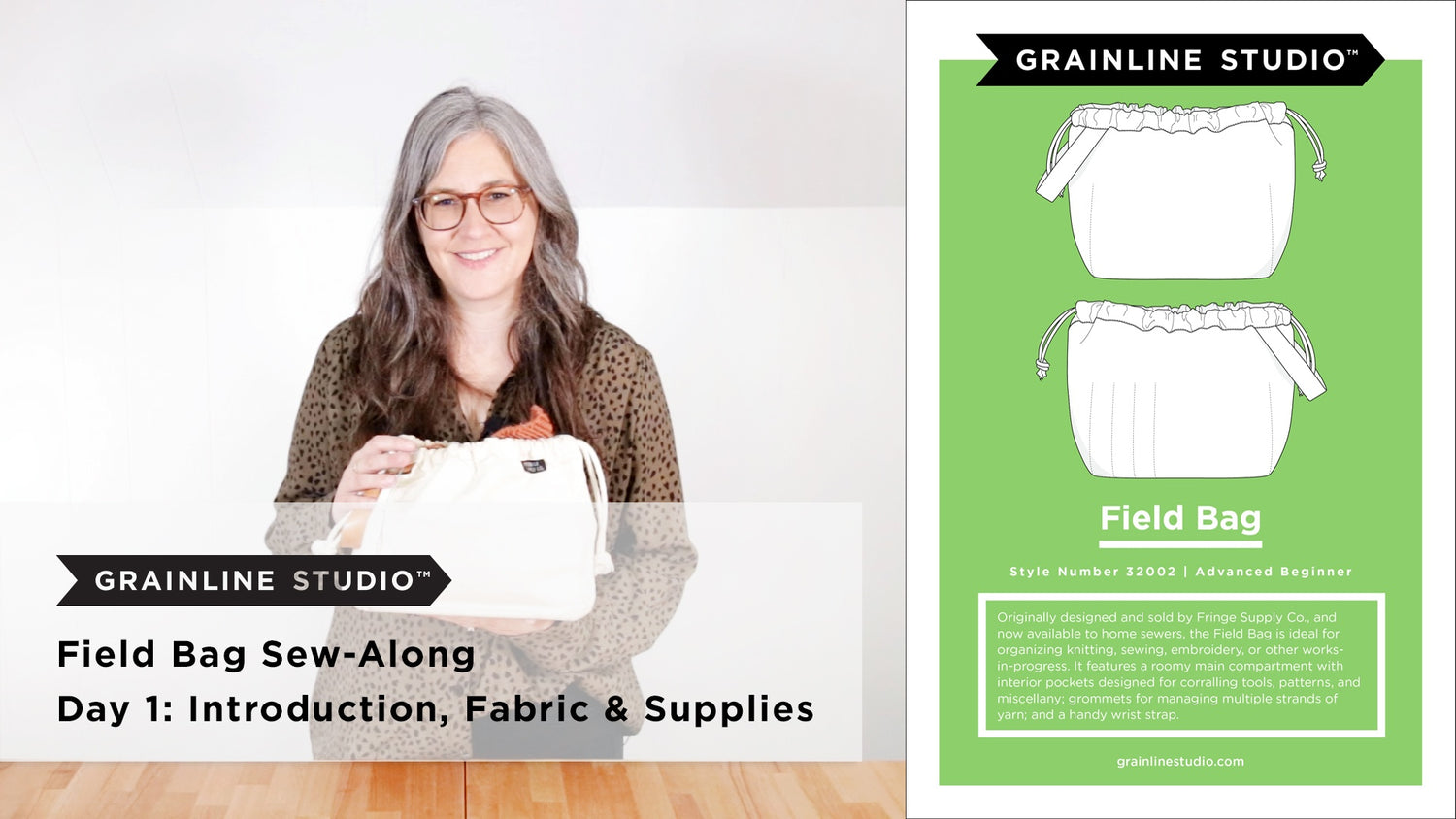 Woman holding a completed natural canvas Field Bag beside the green Field Bag pattern envelope showing technical flat sketches of both views.
