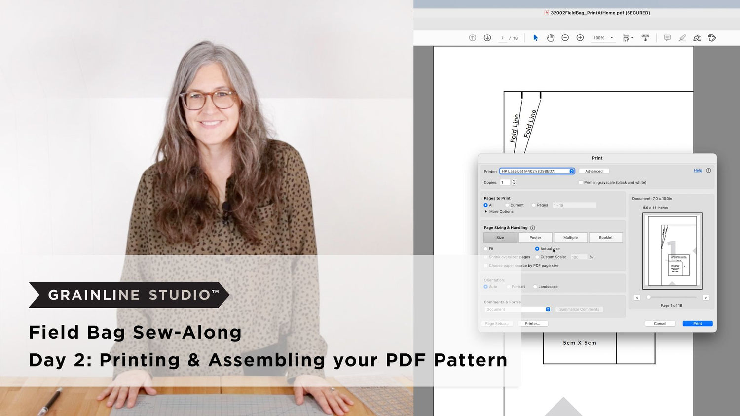 Woman beside a laptop showing the Adobe Acrobat print dialog and a printed Field Bag PDF pattern ready for assembly.