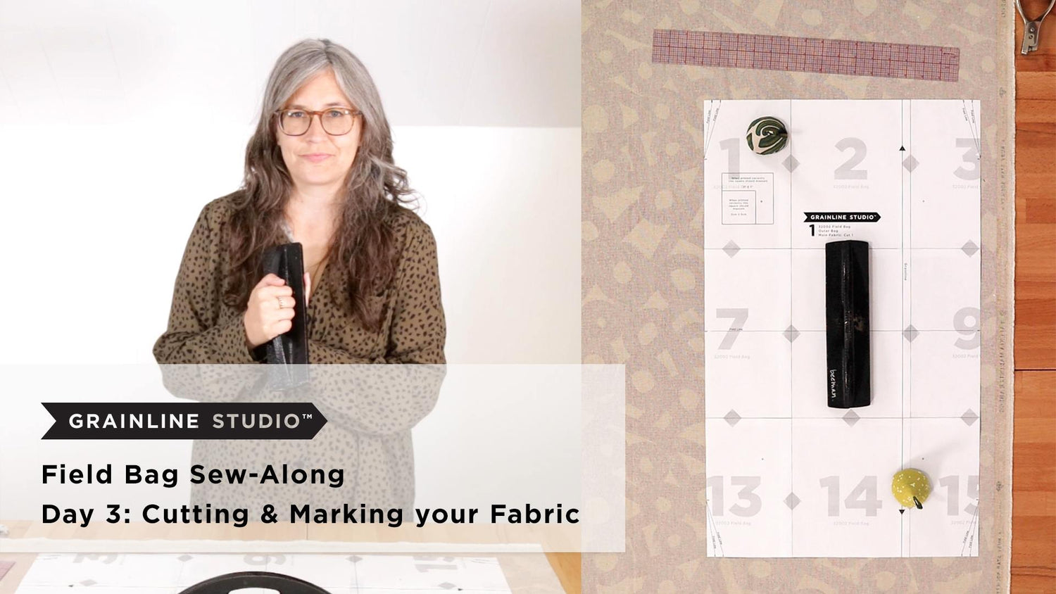 Woman beside a printed Field Bag pattern piece laid over printed canvas fabric on a cutting mat with pattern weights.