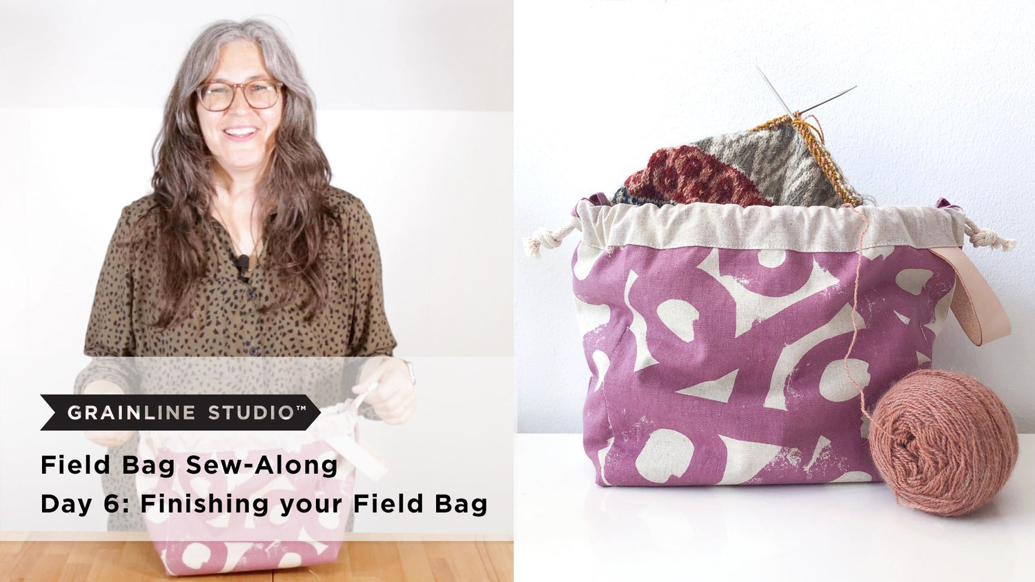 Woman smiling and holding a finished purple printed canvas Field Bag beside a completed bag filled with knitting and a ball of yarn.