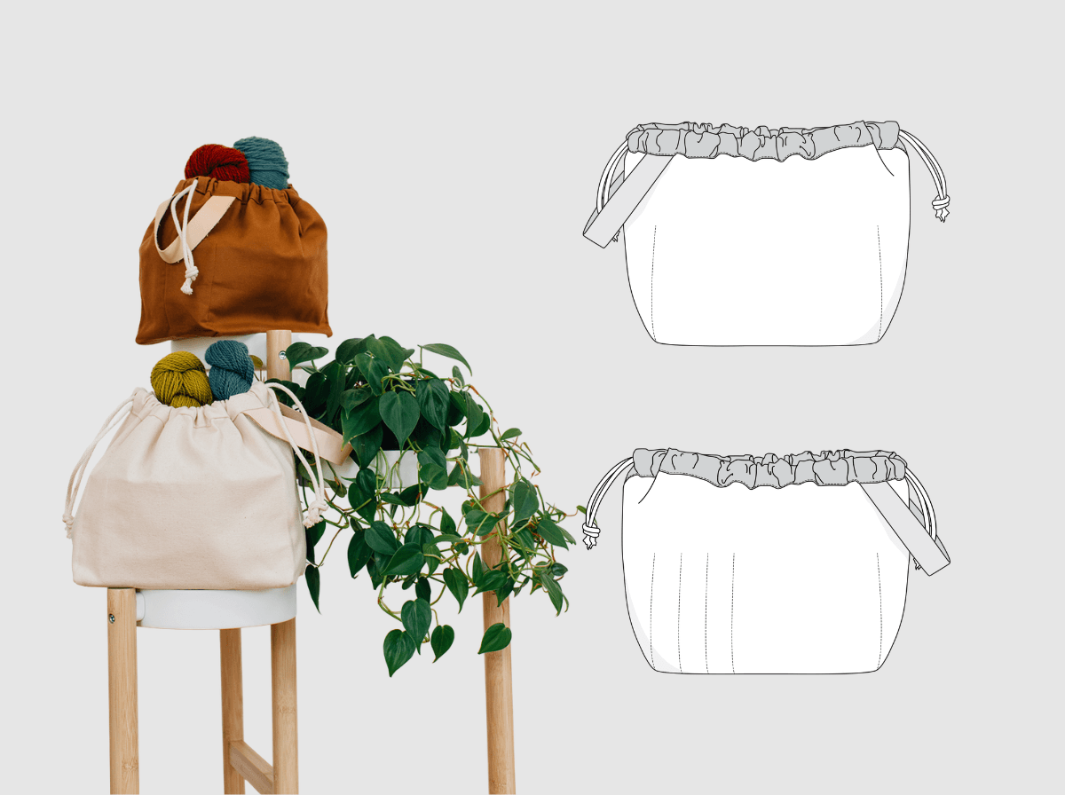 Field Bag shown in rust and natural canvas with yarn; flats show front and back pocket configurations