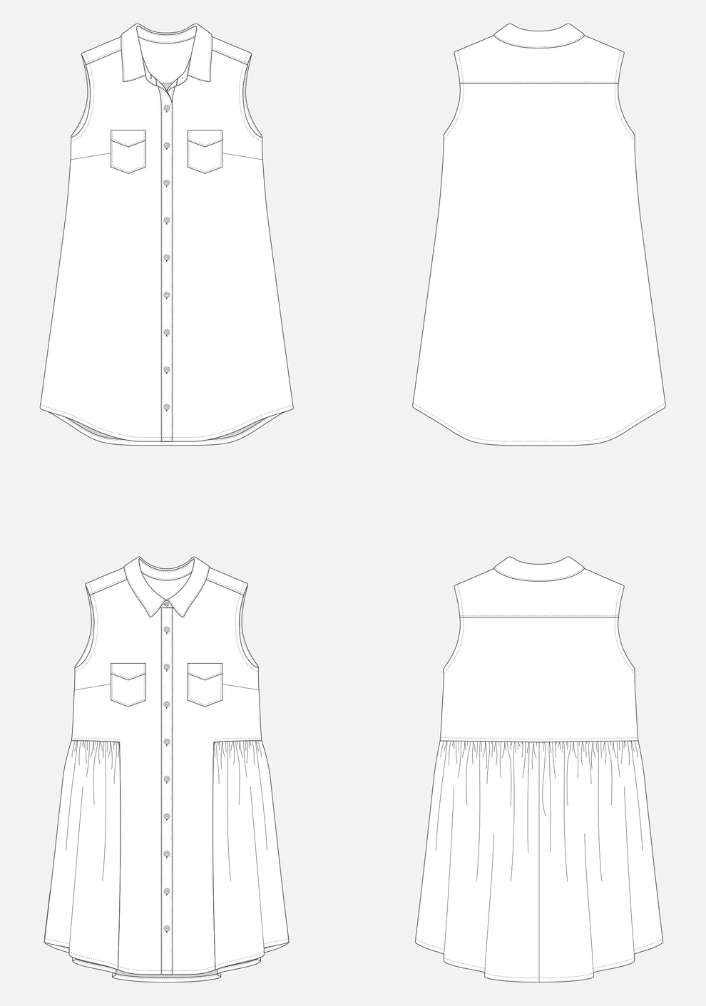 Flat illustrations of Alder Shirtdress showing View A with straight sides and View B with gathered skirt.