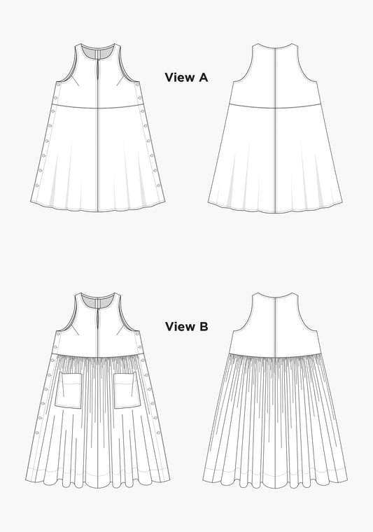 Technical flats of Austin Dress Views A and B, showing front and back of views a and b.