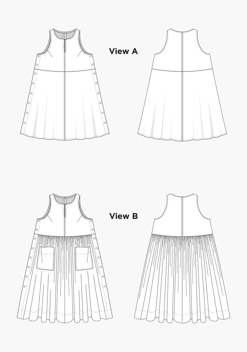 Technical flats of Austin Dress Views A and B, showing front and back of views a and b.