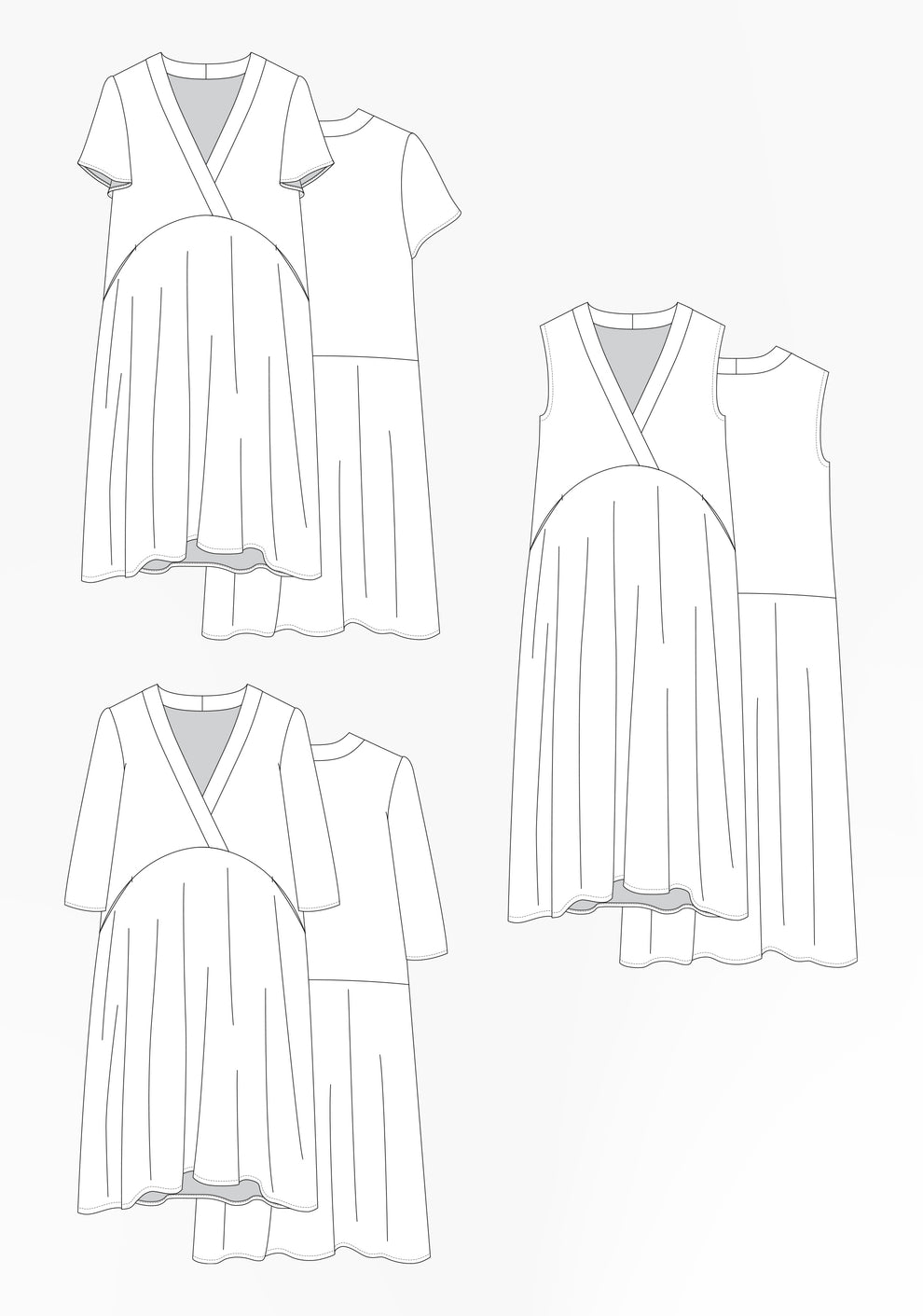 Flat illustrations of Felix Dress with sleeveless bodice, flutter and long sleeves, featuring crossover front and curved waist seam.