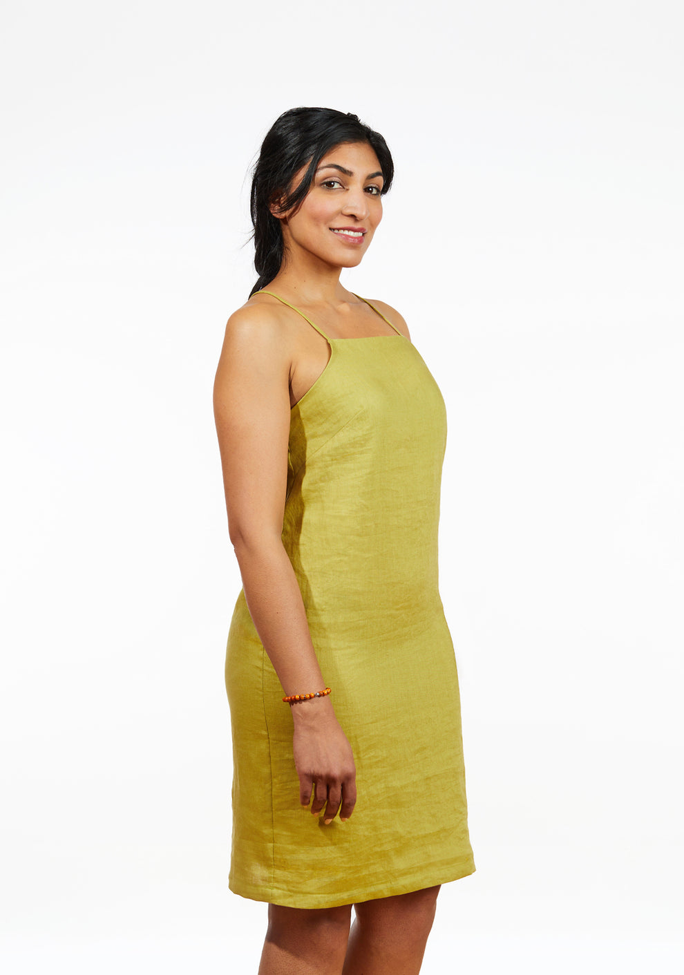Front view of Myra Dress in chartreuse linen, knee length, sizes 0-18.