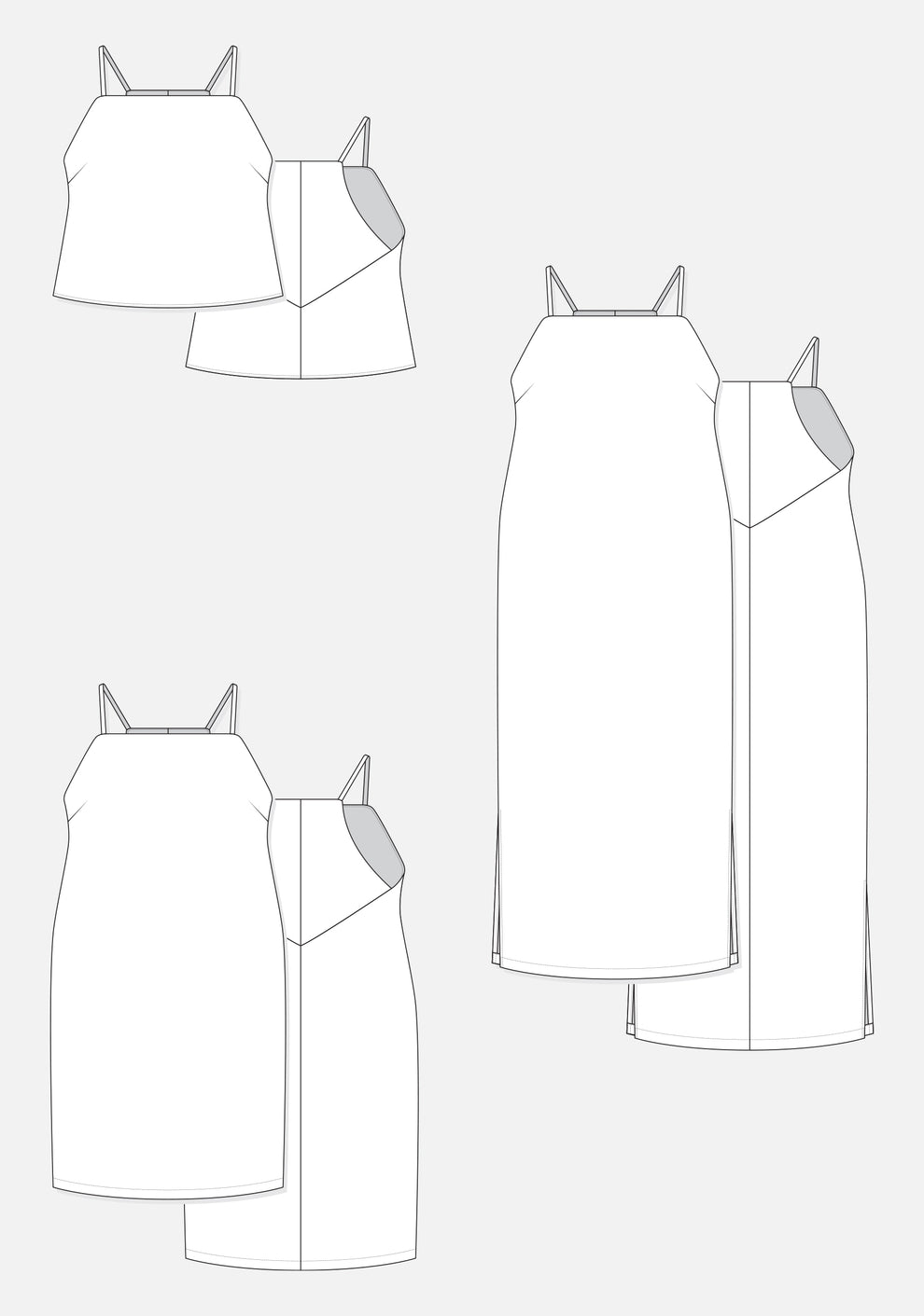 Technical flats of Myra Top and Dress Views A, B, and C, front and back.