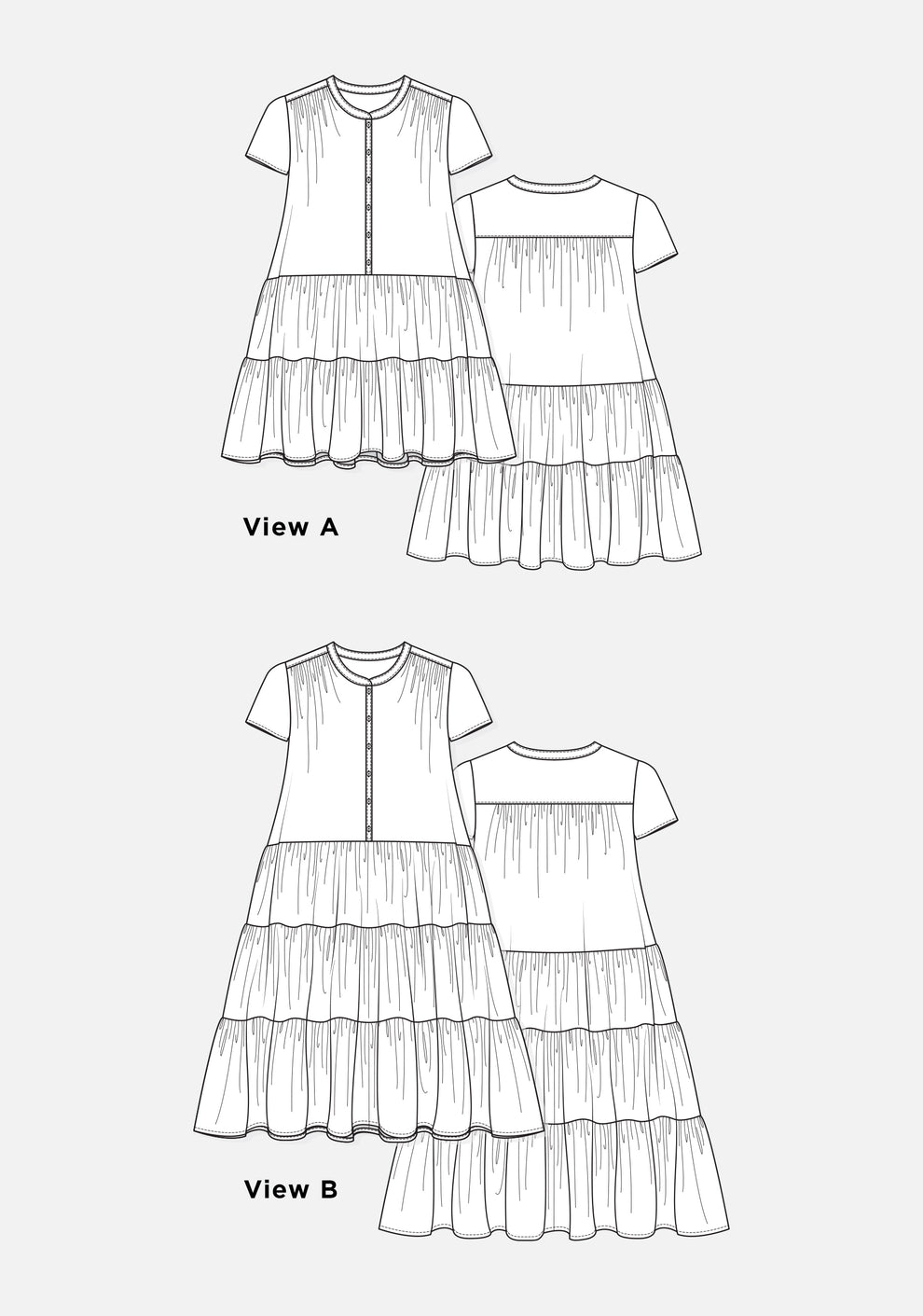 Technical flats of Poppy Dress Views A and B with cap sleeves and tiered skirts, front and back.