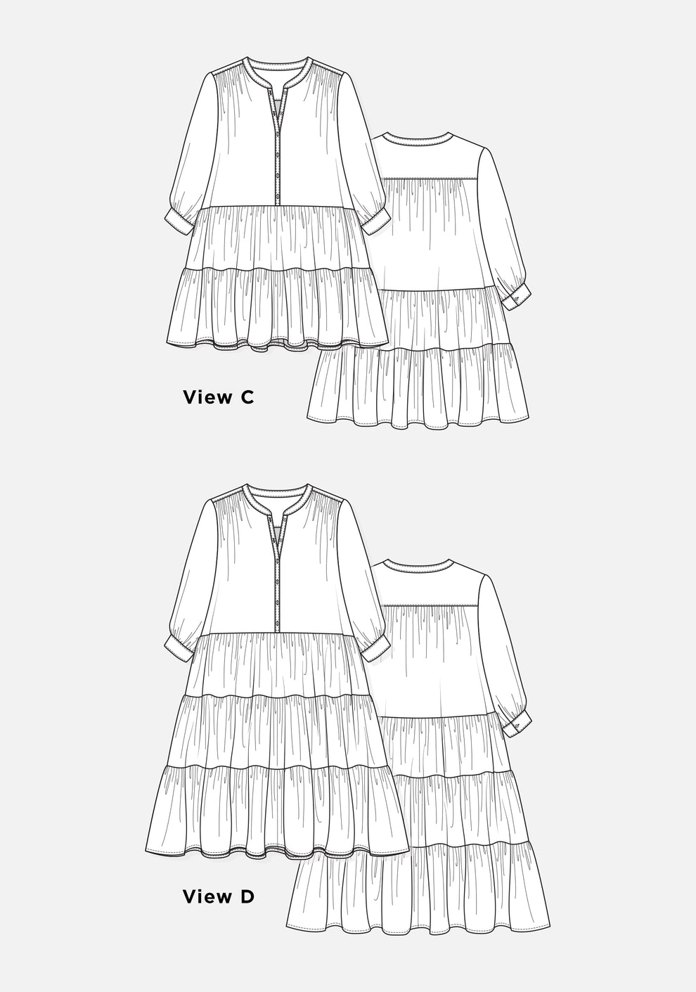 Technical flats of Poppy Dress Views C and D with long sleeves and tiered skirts, front and back.