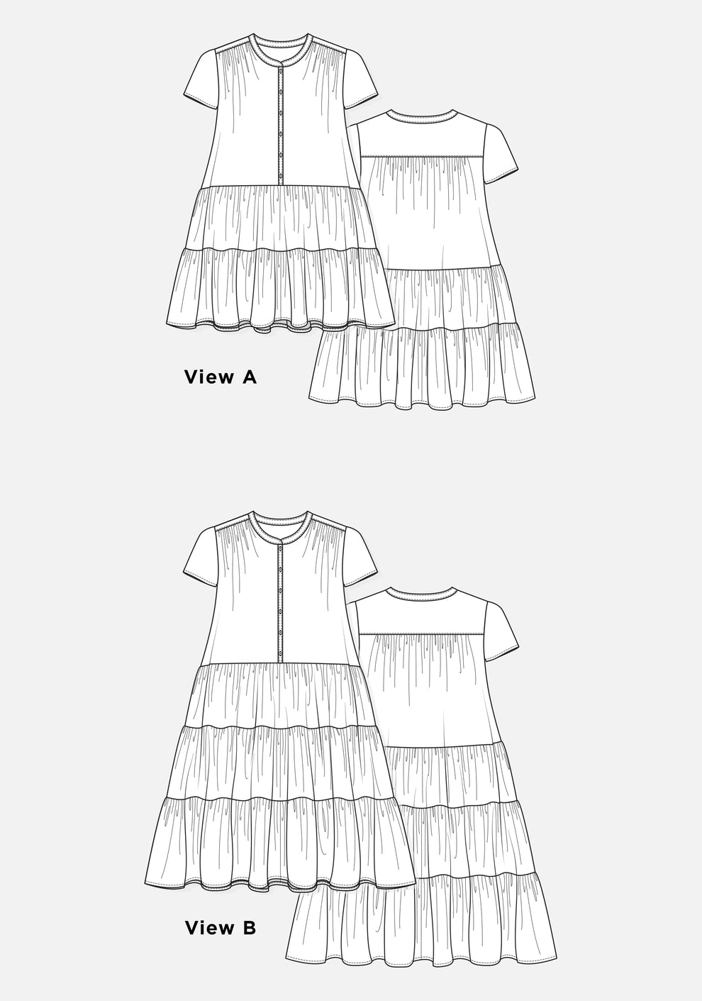 Technical flats of Poppy Dress Views A and B with cap sleeves and tiered skirts, front and back.