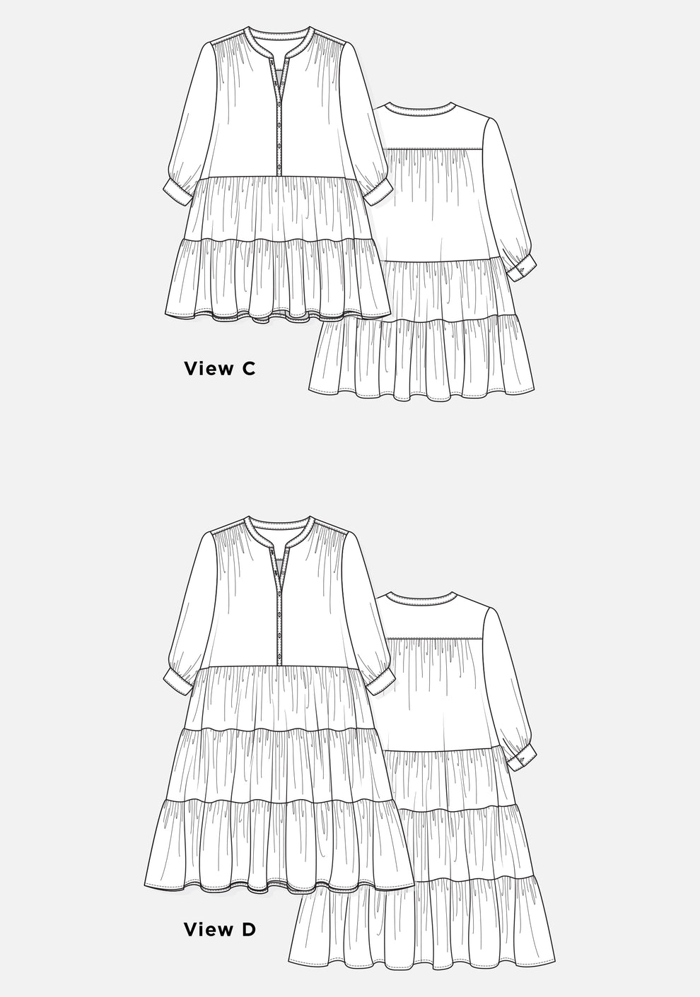 Technical flats of Poppy Dress Views C and D with long sleeves and tiered skirts, front and back.