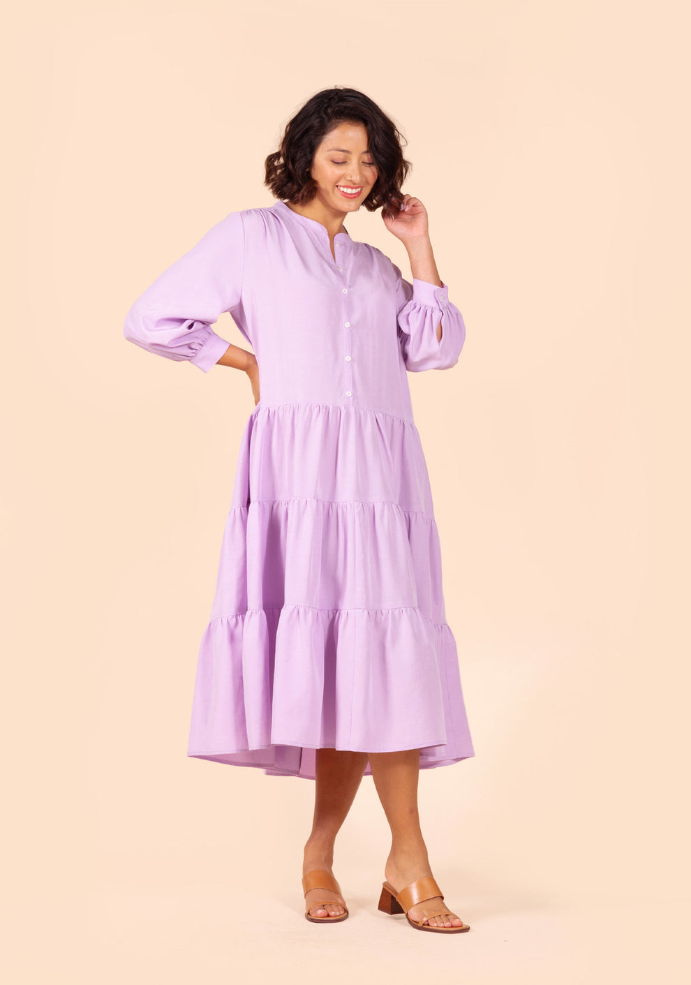 Poppy Dress View D front view in lilac with long sleeves and gathered neckline.