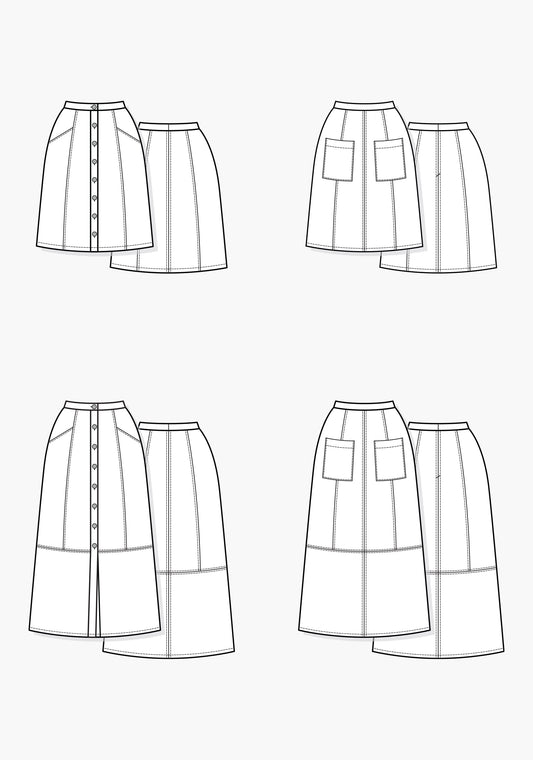 Flat illustration of Reed Skirt showing four views with panel seams, waistband options, and pocket styles.