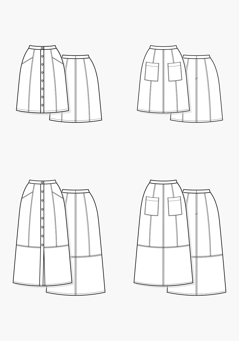 Flat illustration of Reed Skirt showing four views with panel seams, waistband options, and pocket styles.