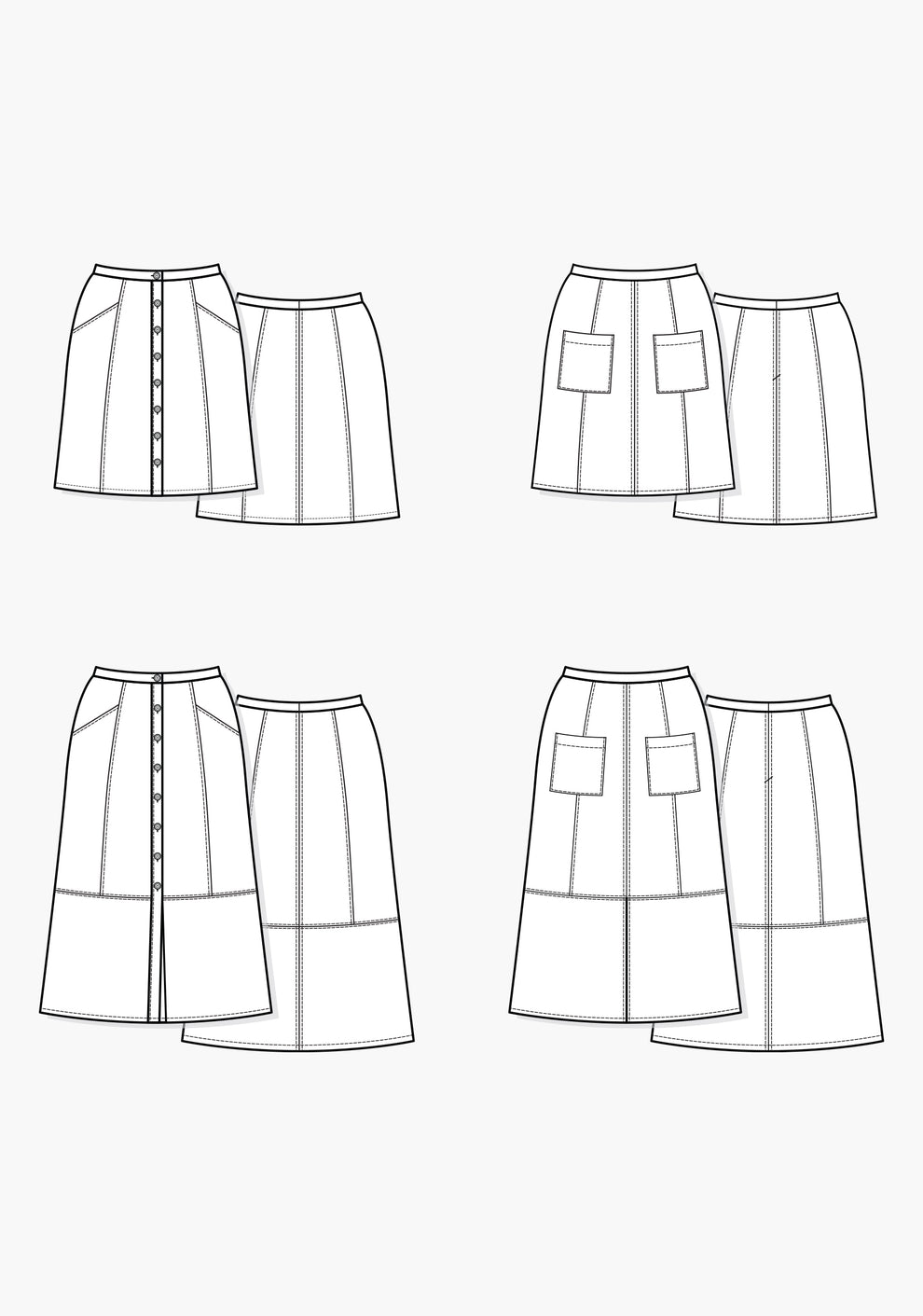 Flat illustration of Reed Skirt showing four views with panel seams, waistband options, and pocket styles.