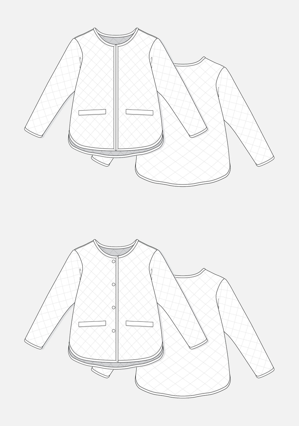 Technical flats of the Tamarack Jacket with front welt pockets and curved hem, shown with binding and snap variations.