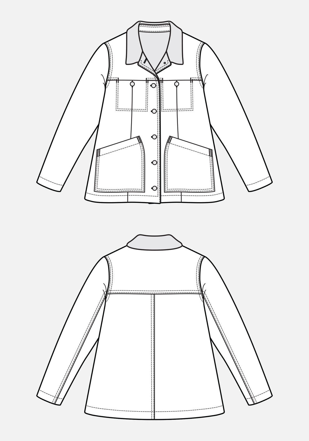 Flat illustration of a hip-length Thayer Jacket with pointed collar, front snap closure, and pockets
