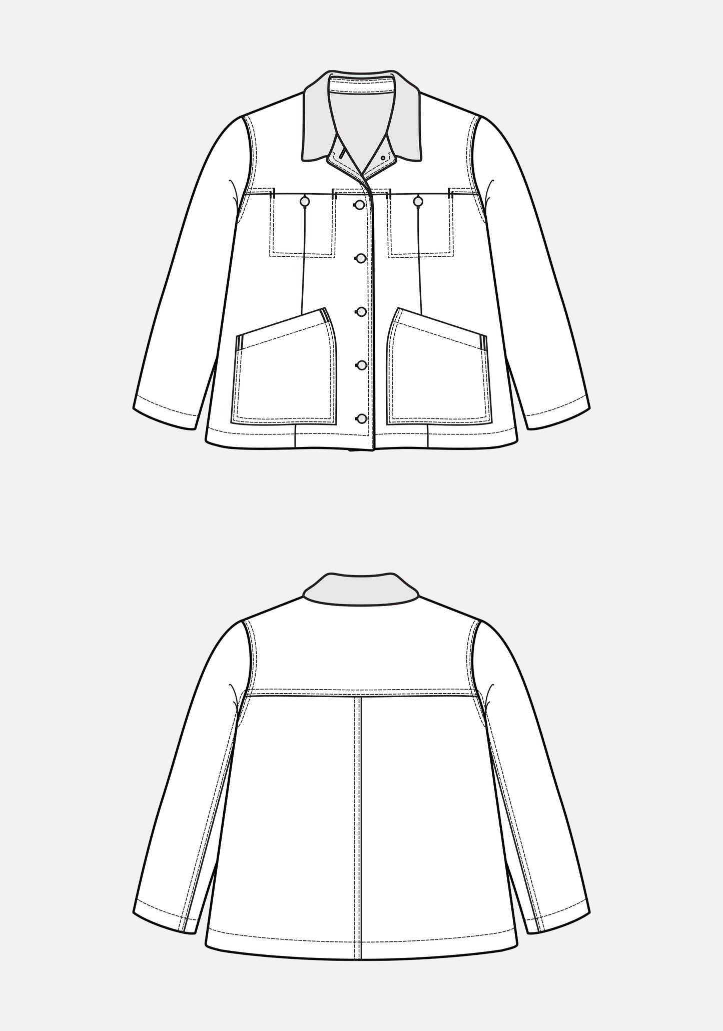 Flat illustration of a hip-length Thayer Jacket with pointed collar, front snap closure, and pockets