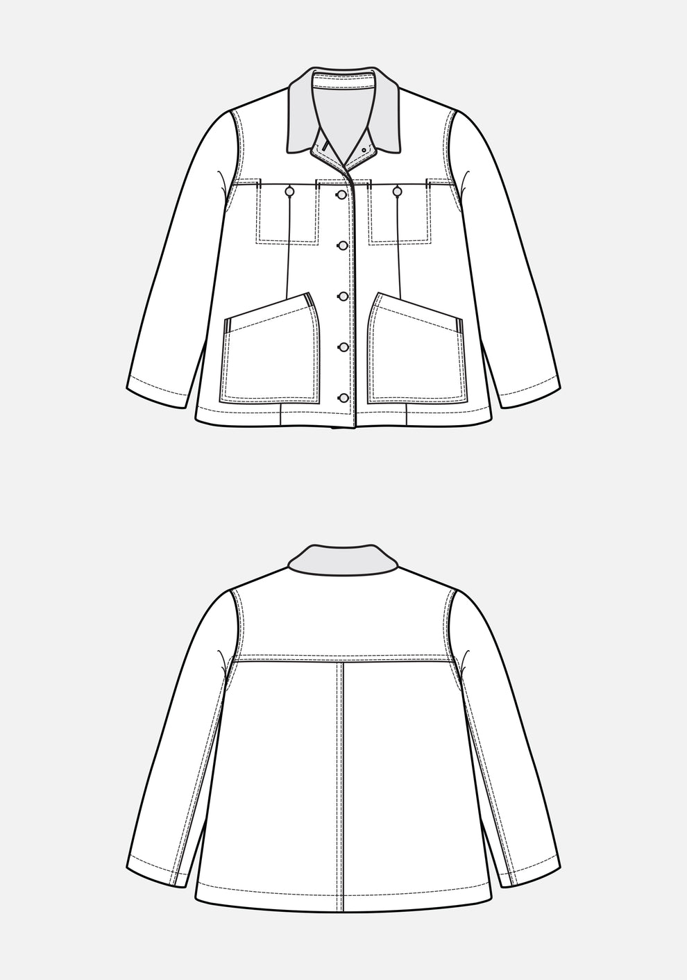 Flat illustration of a hip-length Thayer Jacket with pointed collar, front snap closure, and pockets