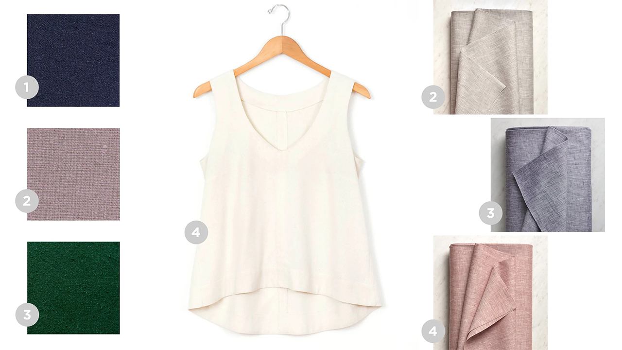 Hadley Top in cream linen on hanger surrounded by fabric swatches in navy, lilac, emerald, natural linen, and dusty rose.