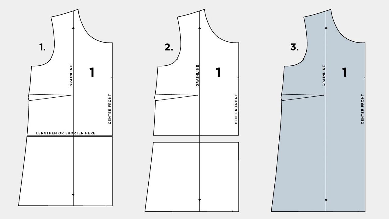 Three-step pattern lengthening diagram showing front bodice piece with lengthen/shorten line, slash and spread technique, and result.