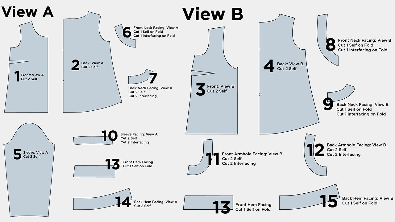 Pattern piece layout showing all numbered pieces needed for Hadley Top View A and View B with cutting and interfacing instructions