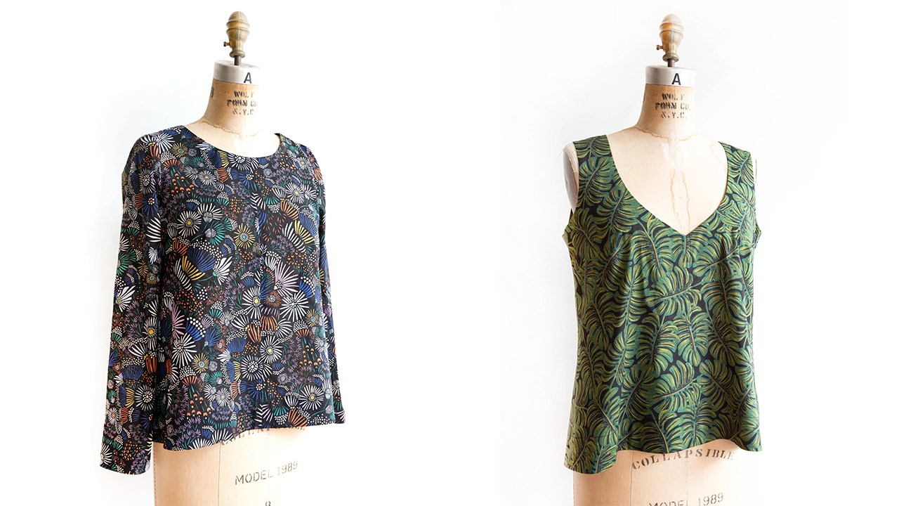 Two finished Hadley tops on dress forms - View A with long sleeves and jewel neck, View B sleeveless with V-neck.