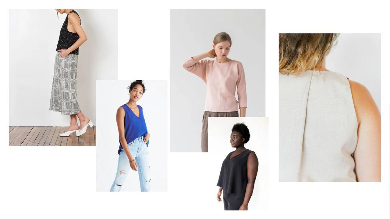 Collage of five ready-to-wear tops showing sleeveless styles in polka dot, solid colors, and back details with center seams.