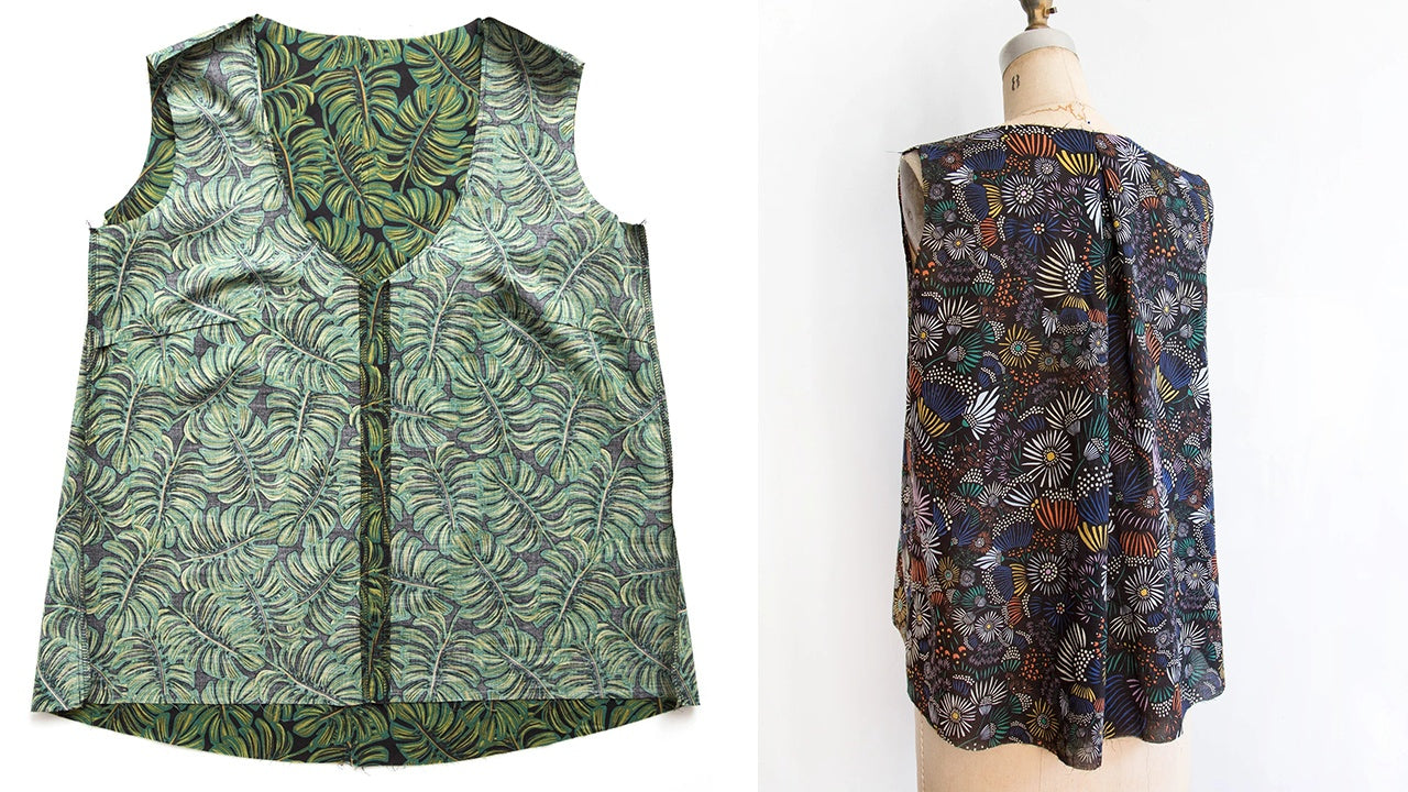 Two Hadley tops showing sewn shoulder and side seams - palm leaf print flat lay and geometric print on dress form from back