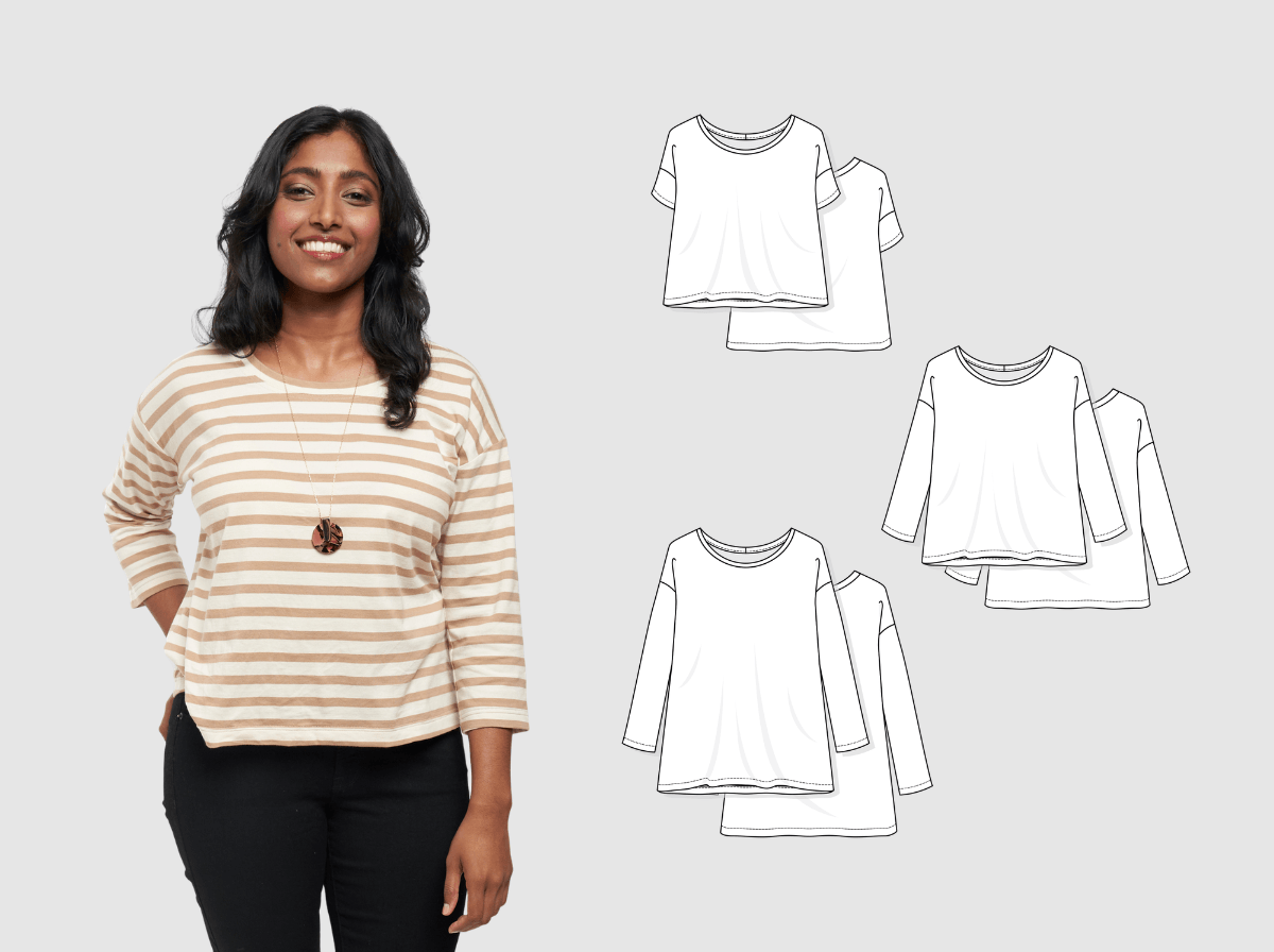 Hemlock Tee modeled in tan striped knit; flats show short-sleeve, long-sleeve, and 3/4-sleeve options with varying hem lengths