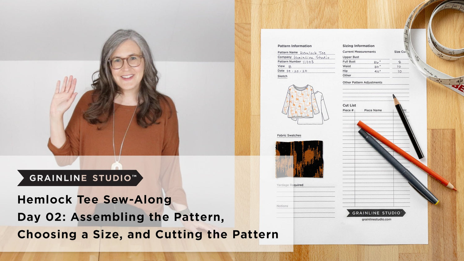 Hemlock Tee Sew-Along Day 02 thumbnail, woman waving beside pattern planning sheet and fabric swatch